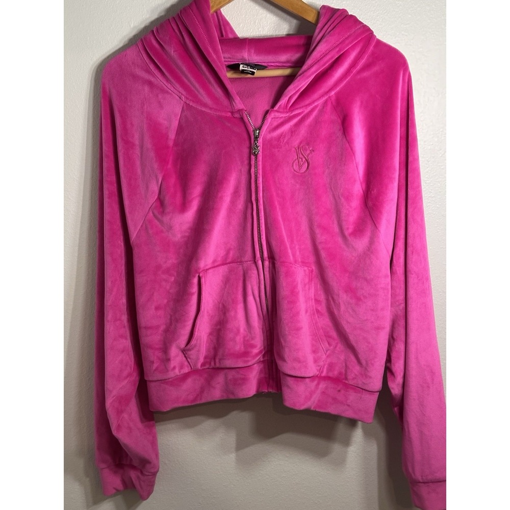 Victoria's Secret Women'sVelour Hoodie On Point Full Zip Velvet Plush Pink Large